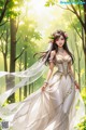 A woman in a wedding dress walking through a forest.