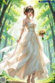 A woman in a wedding dress walking through a forest.