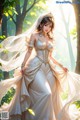 A woman in a wedding dress standing in the woods.