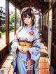 A woman in a kimono standing in front of a building.