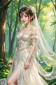 A woman in a wedding dress standing in the woods.