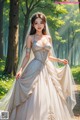 A woman in a wedding dress standing in the woods.