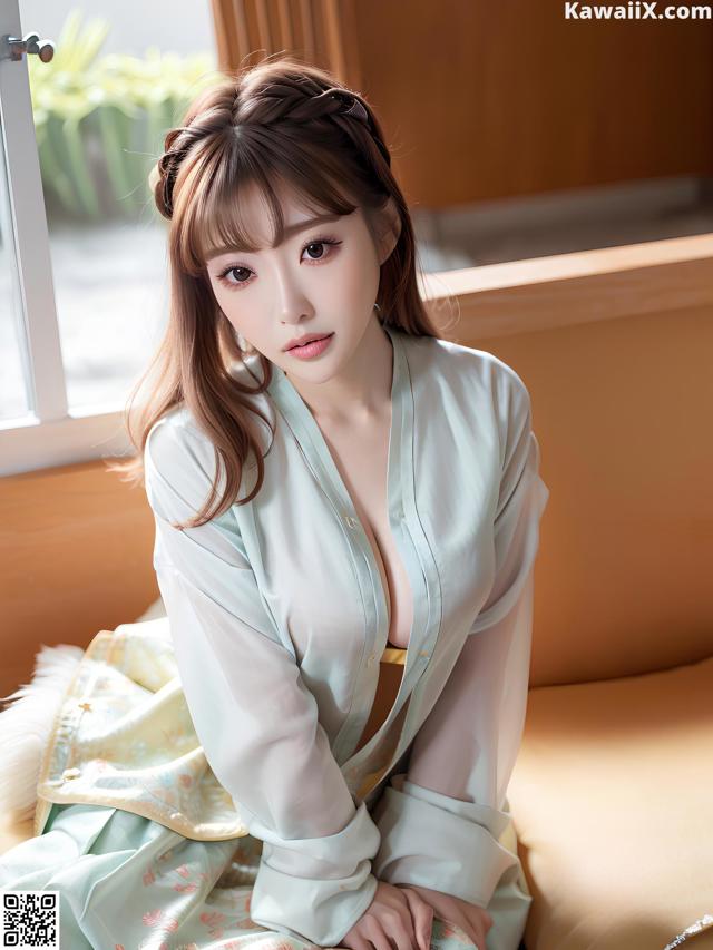 A woman sitting on a couch in a green robe.