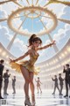 A woman in a yellow dress dancing in front of a ferris wheel.